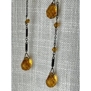 Amber Crystal Bolo Style Drop Necklace With Blackened Chain & Faceted Beads